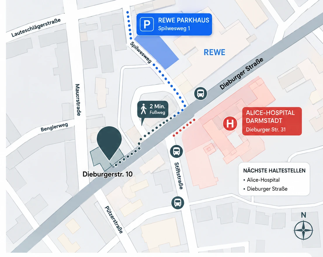 Anfahrtsplan zur Zahnarztpraxis Mensch im Mittelpunkt, Dieburger Straße 10, 64287 Darmstadt