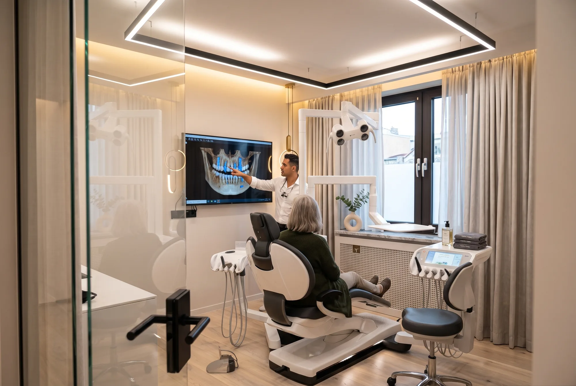 Implantologe Mikael Zeynalli erklärt die 3D-Implantatplanung im Behandlungszimmer in Darmstadt