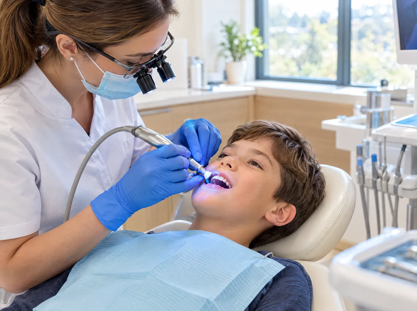 Dentist treating a relaxed boy lying in the treatment chair