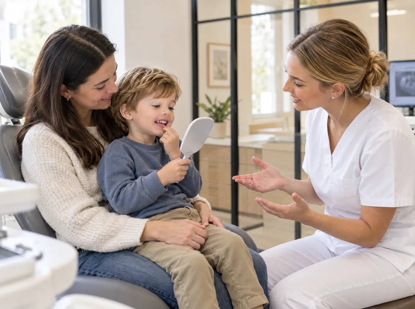 Toddler sitting on their mother's lap in the treatment chair, looking into a hand mirror