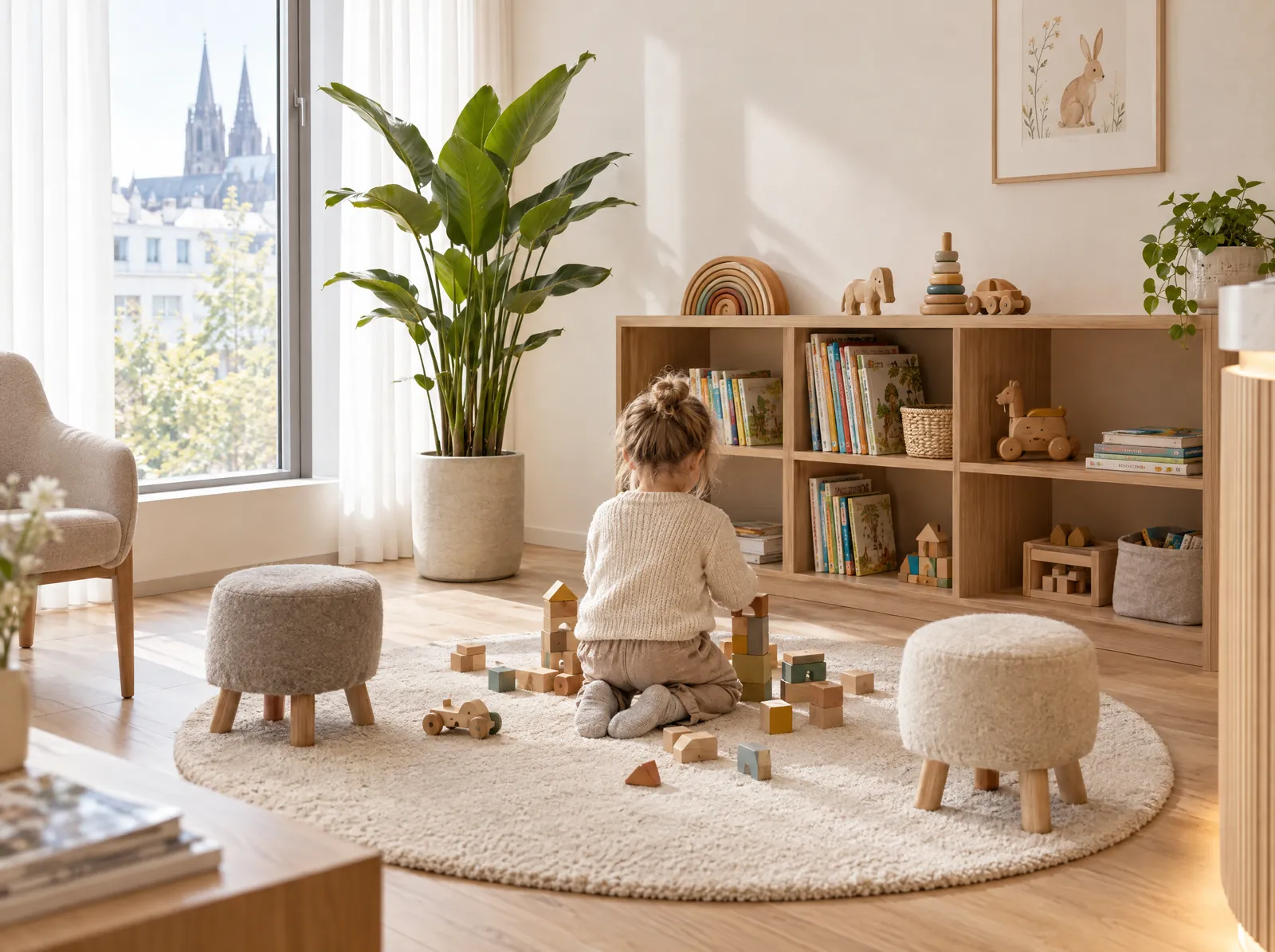 Child playing with wooden blocks in the play corner of the waiting area