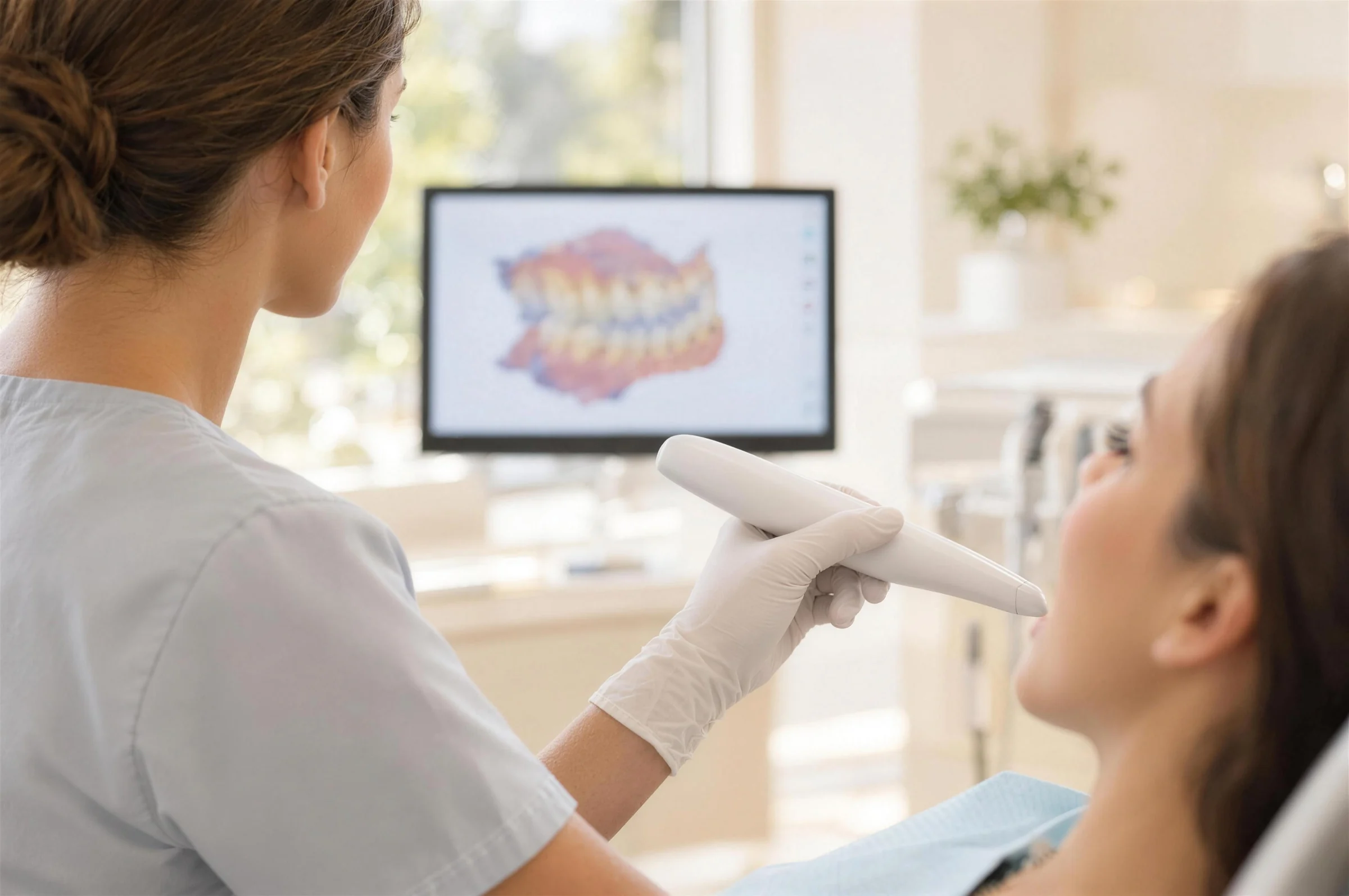 Behandler scannt die Zähne einer Patientin mit dem kabellosen Intraoralscanner, von hinten gesehen